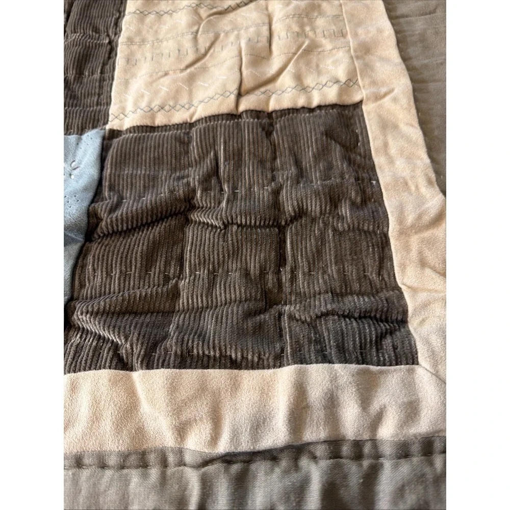 Home Collection Embroidered Quilt Only Patchwork Plaid Brown Tan Blue Full Queen